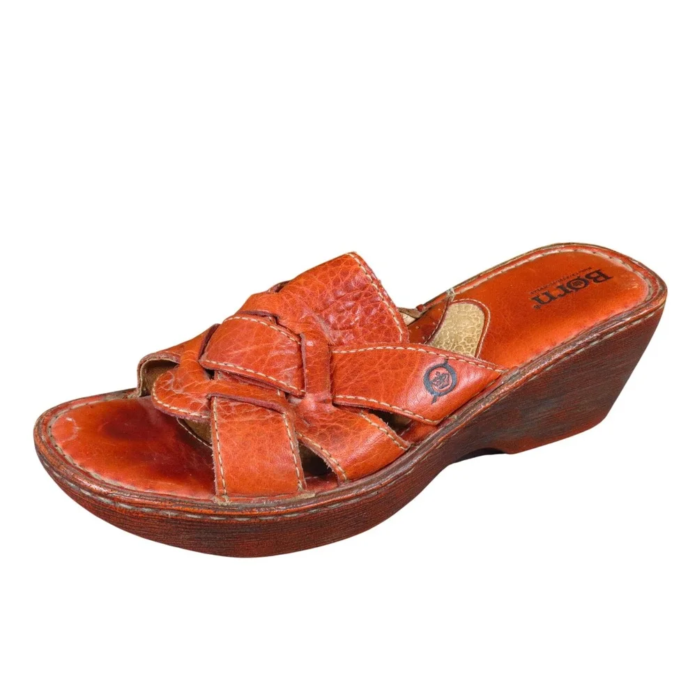 Born W2077 Women Wedge Slide Sandals Size 7 Handcrafted Comfort Orange Leather